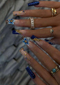 Royal Bloom – Blue Floral Press-On Nails with Gold 3D Char