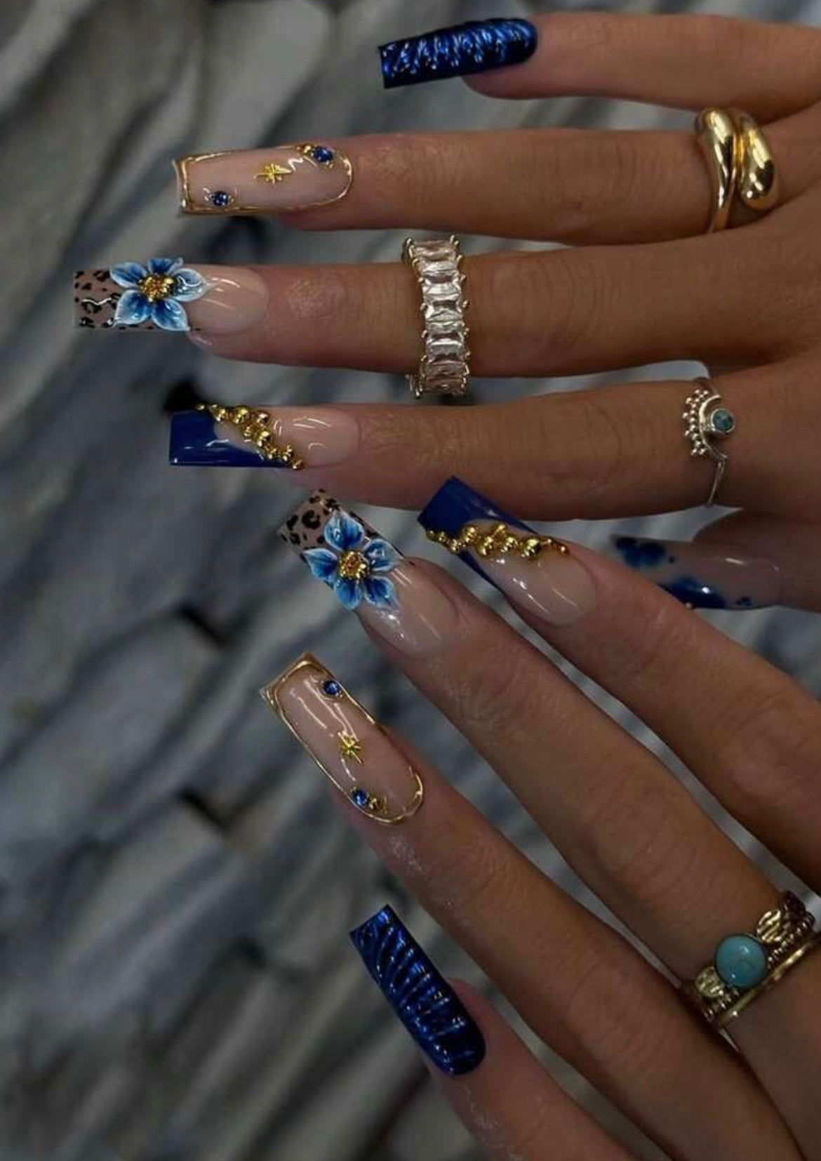 Royal Bloom – Blue Floral Press-On Nails with Gold 3D Char