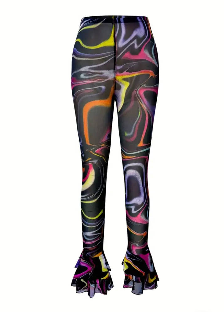 [Stretchy, Abstract Print Pants] Stretchy, Lightweight & Breathable Women's Sexy Sheer Mesh Flare Leg Pants - Elastic Waist, Vibrant Colorful Abstract Print for Fall, Adult Fashion