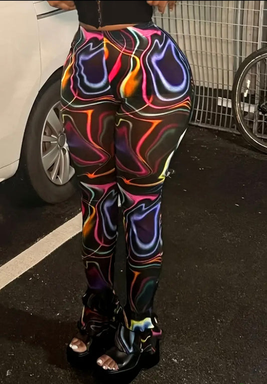 [Stretchy, Abstract Print Pants] Stretchy, Lightweight & Breathable Women's Sexy Sheer Mesh Flare Leg Pants - Elastic Waist, Vibrant Colorful Abstract Print for Fall, Adult Fashion