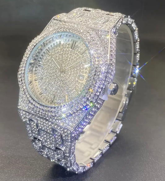 Glam Quartz Watch for Men & Women - Hip Hop Cuban Link Design, Luminous Blue Dial with Rhinestone Accents, Alloy Band, Sparkling Bezel & Face, Perfect for Parties & Special Occasions