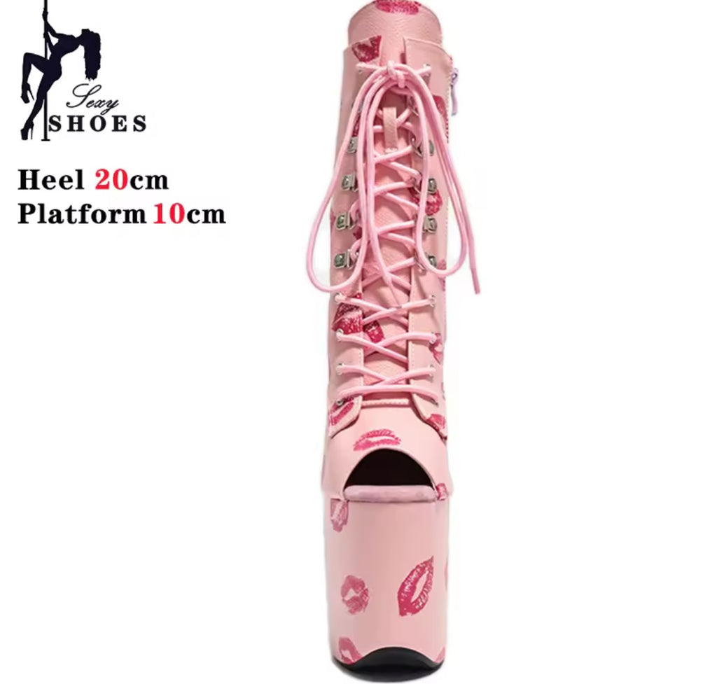 17cm 20cm Sexy Women Ankle Boots Zip Up Platform Red lip Print Block High Heels