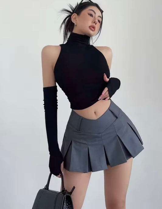 Summer Top Sexy Tank Top Spicy Girl Sleeves High Neck Pleated Club Crop Top Women tshirt
