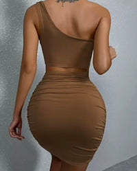 Sexy One Shoulde Backless Bodycon Mini Dress Women's Waist Hollow Out Tight Pleated Wrapping Dress