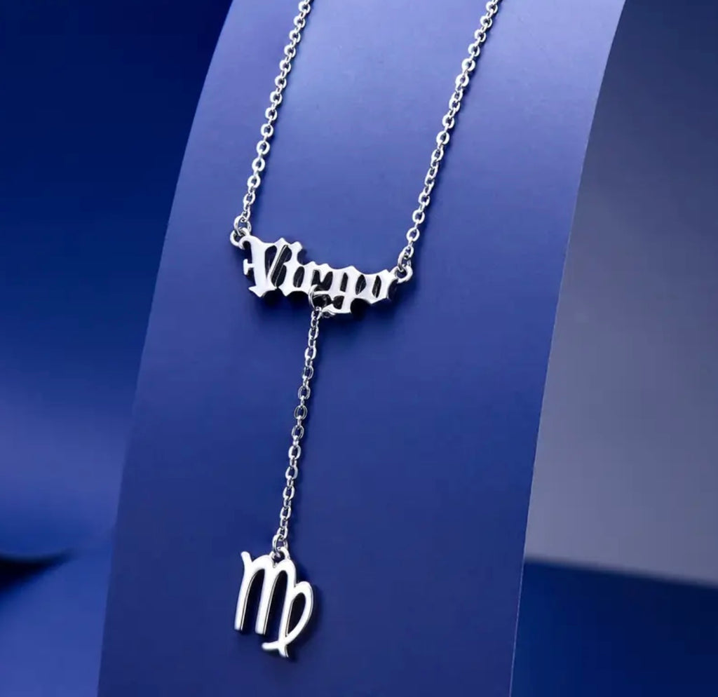 Zodiac Necklace 925 Sterling Silver 12 Constellation Lariat Necklace Old English Zodiac Sign Y-Shaped Pendant Necklace Horoscope Astrology Jewelry Gifts for Women