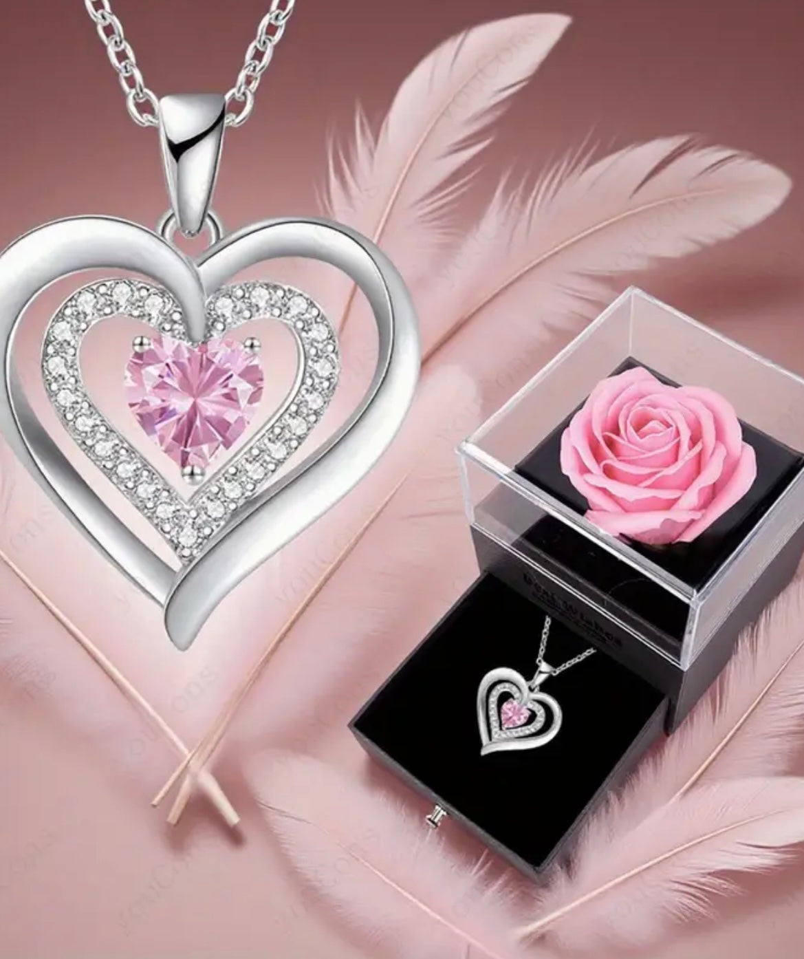 Lucky Stone October Birthstone Heart Pendant Necklace with Eternal Pink Rose Acrylic Gift Box Set, Includes Greeting Card and Gift Bag - Perfect Choice for Weddings, Dates, Mother'S Day, Valentine'S Day, Christmas, Birthdays, and Anniversaries - Ideal for