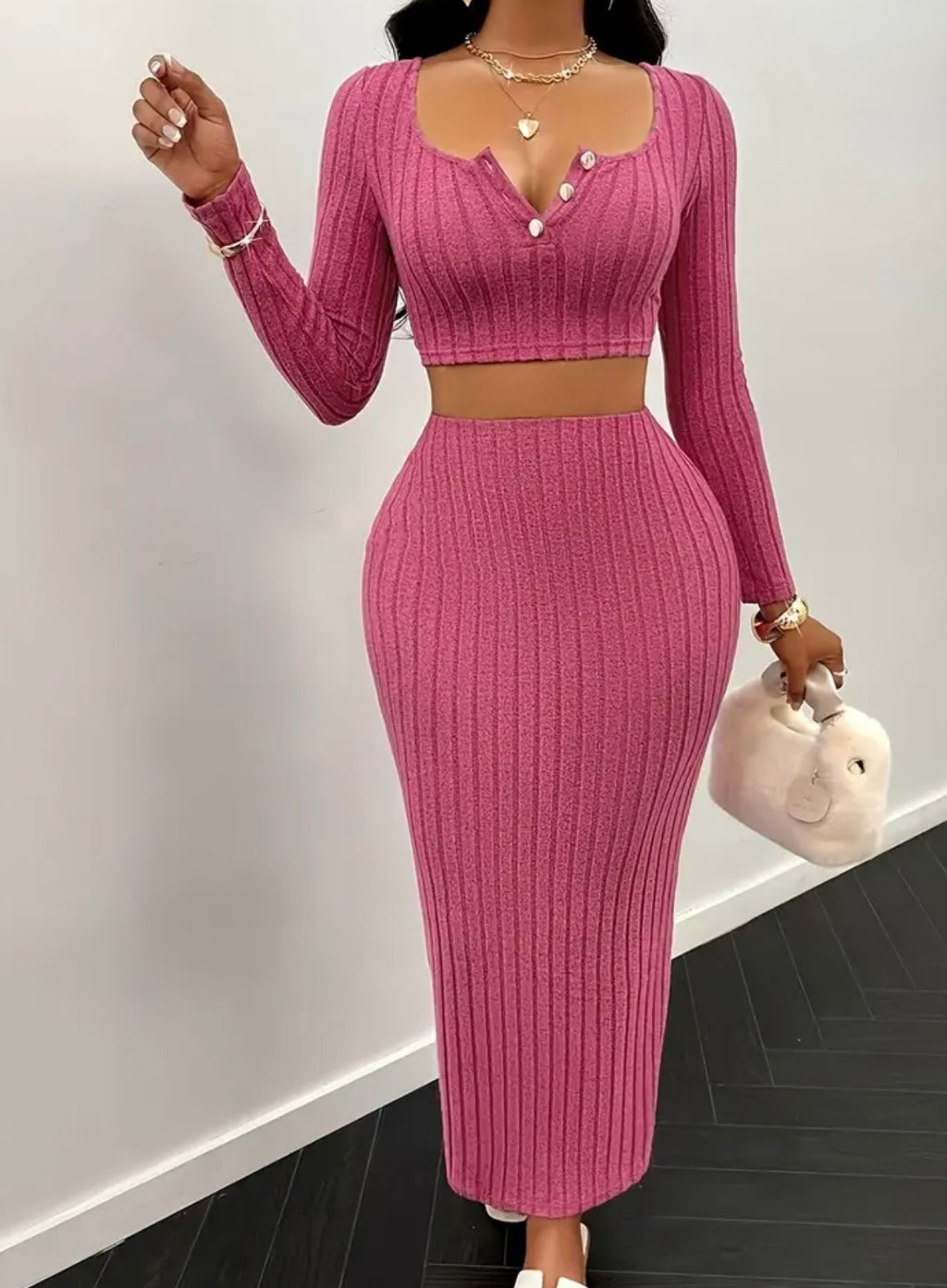 Women's Fashion Bodycon Crop Top and Midi Skirt Set - Polyester Knit, Crew Neck, Medium Stretch, Pink Fit Button Detail for Spring/Fall