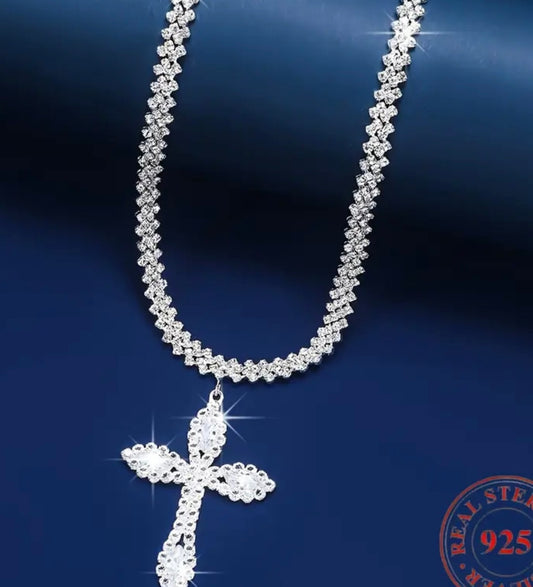 Luxury Cross Necklace] Luxury 925 Silver Cross Pendant Necklace Synthetic Zirconia, Exquisite, Elegant, Silver Neck Jewelry Gift
