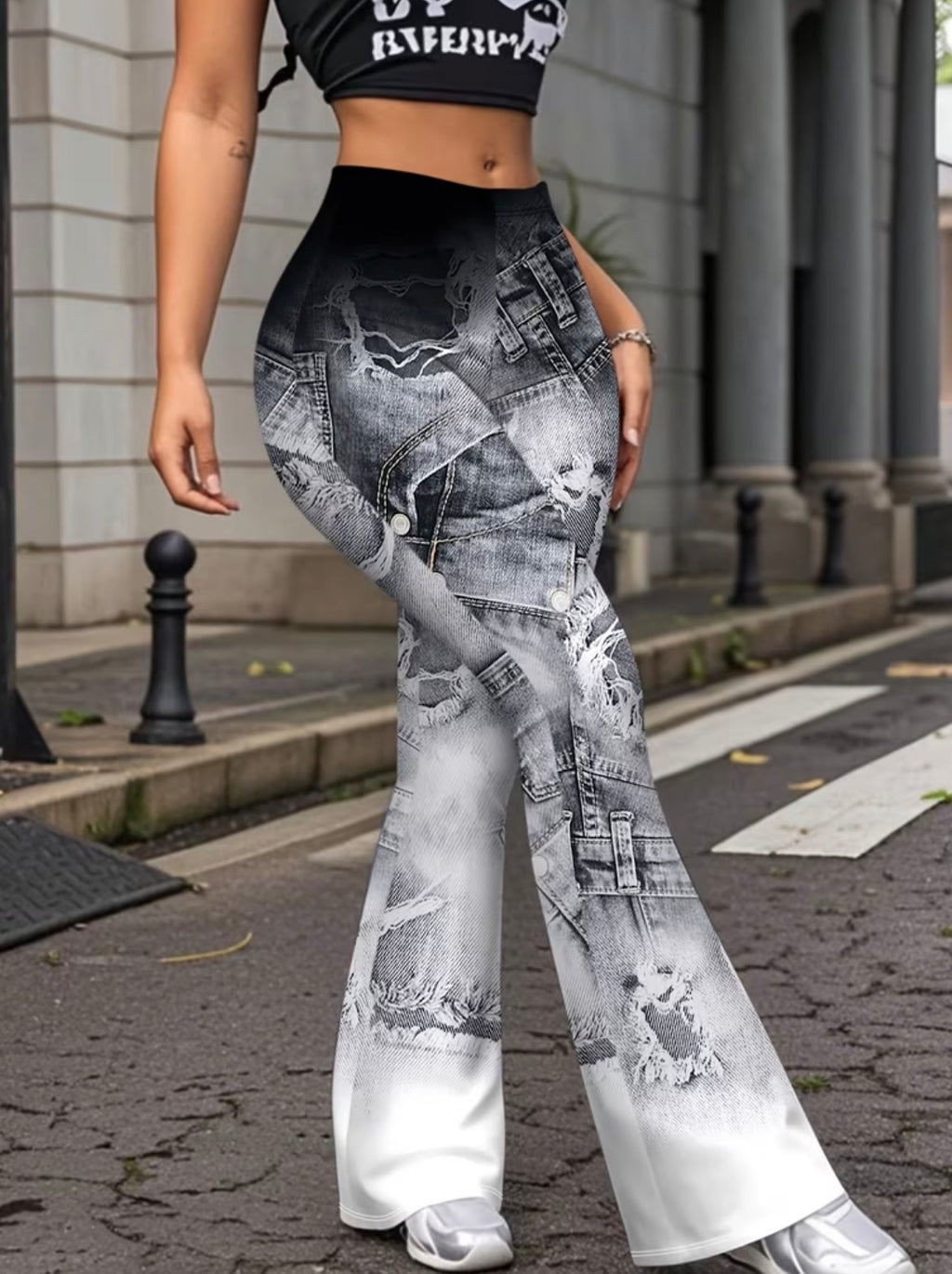 Fashionable High-Waisted Stretchy Flared Pants with Faux Denim Print, Trouser for Lady, Wide Leg Palazzo Pant, Women Elegant Dress Pants, Black, Office Formal Pant for Autumn, Spodnie