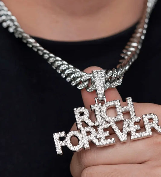 A Shiny RICHFOREVER Pendant With A Cuban Link Chain, Suitable For Both Men And Women, A Hip-hop Pendant Necklace.