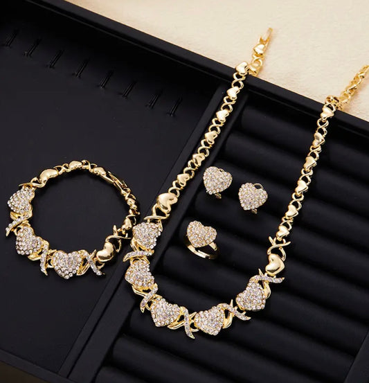 4pcs/set, Classic and Popular Heart-shaped Pendant Necklace, Ring, Earring, Bracelet Set, Engagement Gift, Bridal Wedding Accessory