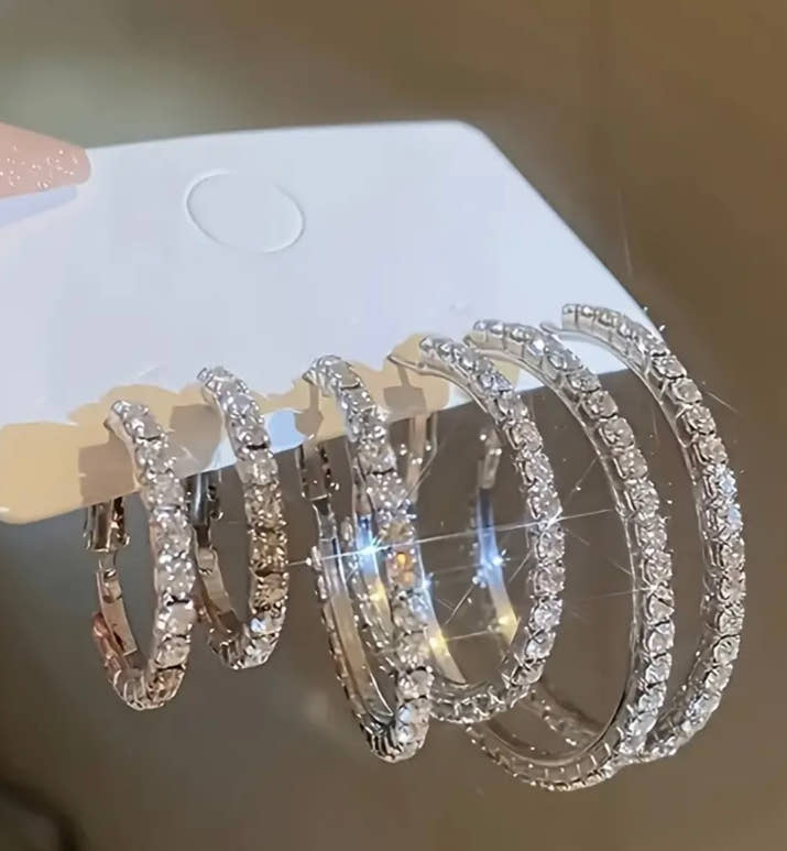 6pcs Elegant Rhinestone Hoop Earrings Set - Zinc Alloy & Stainless Steel, Sparkling Crystal Design, Versatile for Daily & Vacation Wear, Everyday Jewelry | Sparkling Earrings | Durable Earrings, Hoop Earrings