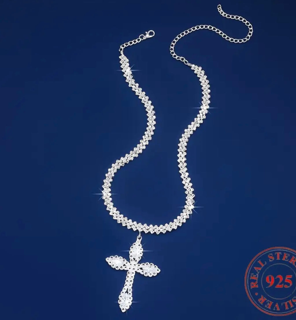 Luxury Cross Necklace] Luxury 925 Silver Cross Pendant Necklace Synthetic Zirconia, Exquisite, Elegant, Silver Neck Jewelry Gift