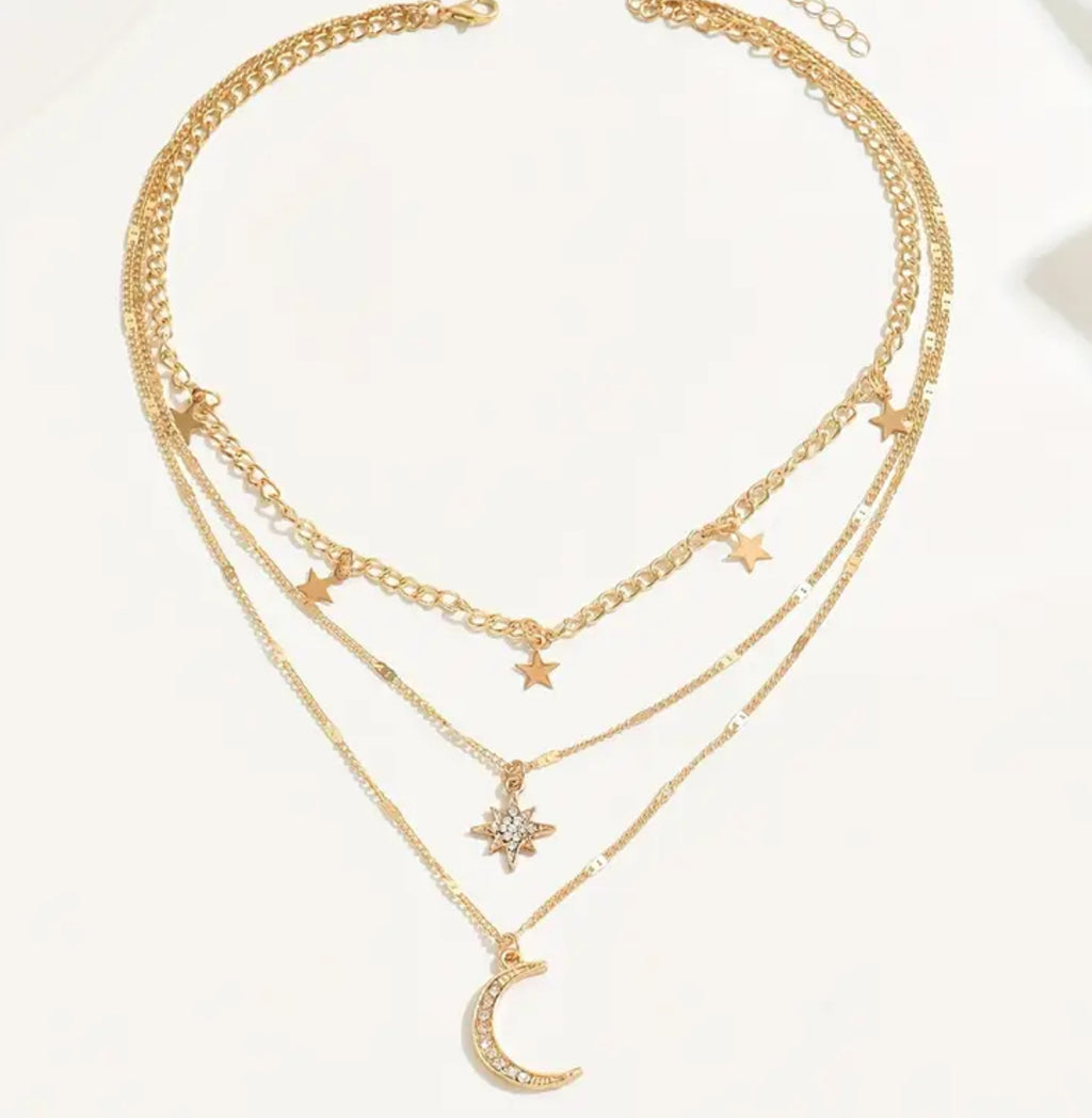 [Golden Bohemian Golden Multi-Layer Women's Necklace | Elegant Bohemian Style with Star and Moon Pendants, Sparkling Rhinestone Embellishments, Perfect for Casual Attire, Charm Necklace