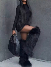 Winter Women Snow Boots Faux Fur Long Boots Warm Plush Platform Knee-high Boot Outdoor Furry Cut
