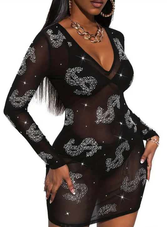 Sexy rhinestone dollar pattern mesh slim fit dress (no underwear set)