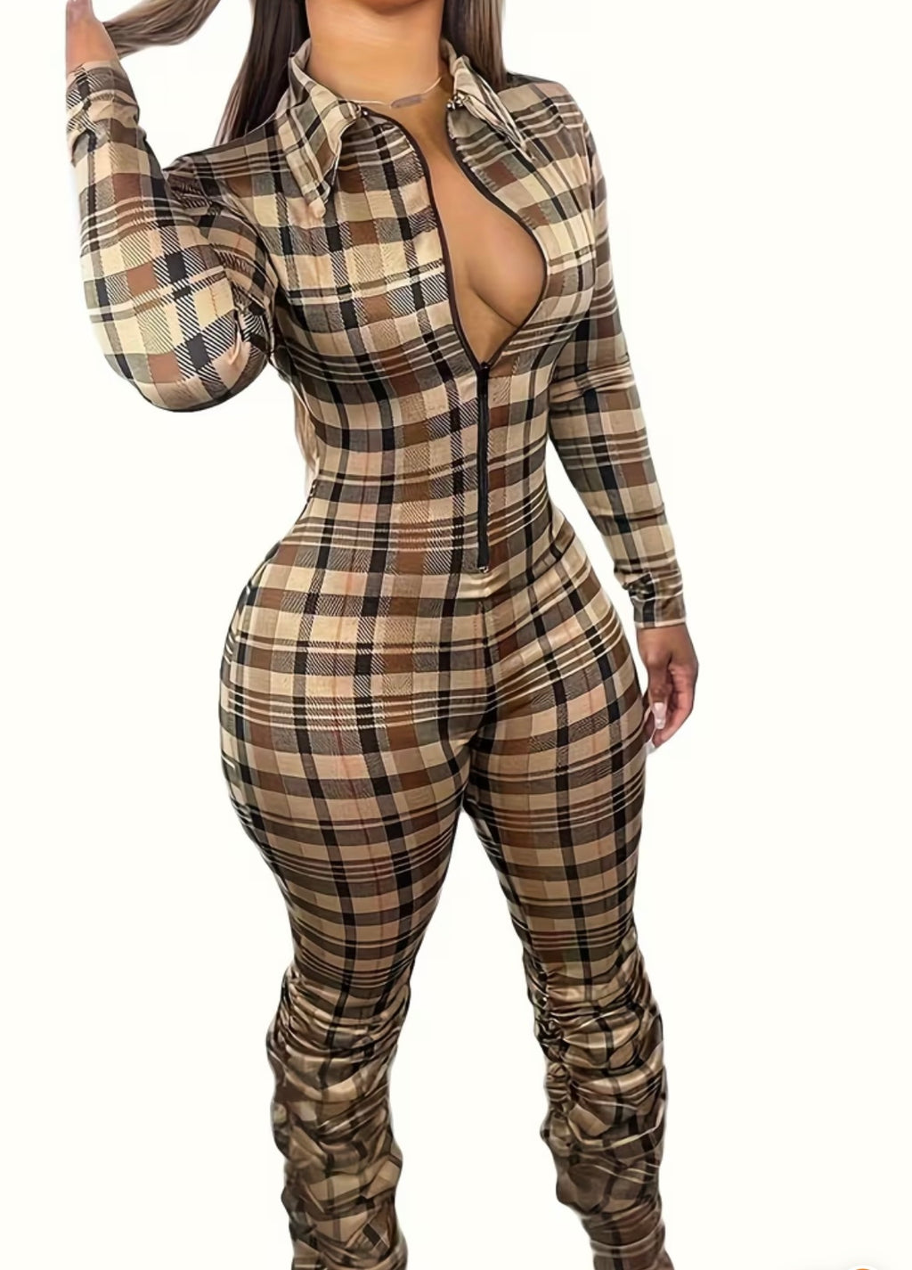 Plaid Pattern Zip Front Jumpsuit, Casual Long Sleeve Jumpsuit For Spring , Women's Casual