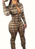Plaid Pattern Zip Front Jumpsuit, Casual Long Sleeve Jumpsuit For Spring , Women's Casual