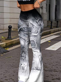 Fashionable High-Waisted Stretchy Flared Pants with Faux Denim Print, Trouser for Lady, Wide Leg Palazzo Pant, Women Elegant Dress Pants, Black, Office Formal Pant for Autumn, Spodnie