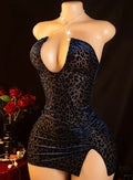 Sexy Blue Leopard Print Dress with Glitter Chain Small Chest Enlarging Nightgown Set Bedtime Date Robe Passionate Secretary Role Play Uniform Hip-Hugging Sleepwear Valentine'S Day New Women'S Underwear and Panties (Includes: Dress
