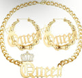3pcs Queen Pendant Curb Chain Necklace with Oversize Statement 90s Bamboo Hoop Earring Set for Women 14K Golden Style Hip Chain