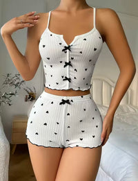 Sexy Heart Print Pajama Set for Women Sleepwear Silk Stain V-Neck Sleeveless Casual Cami Top and Shorts Sets Loungewear