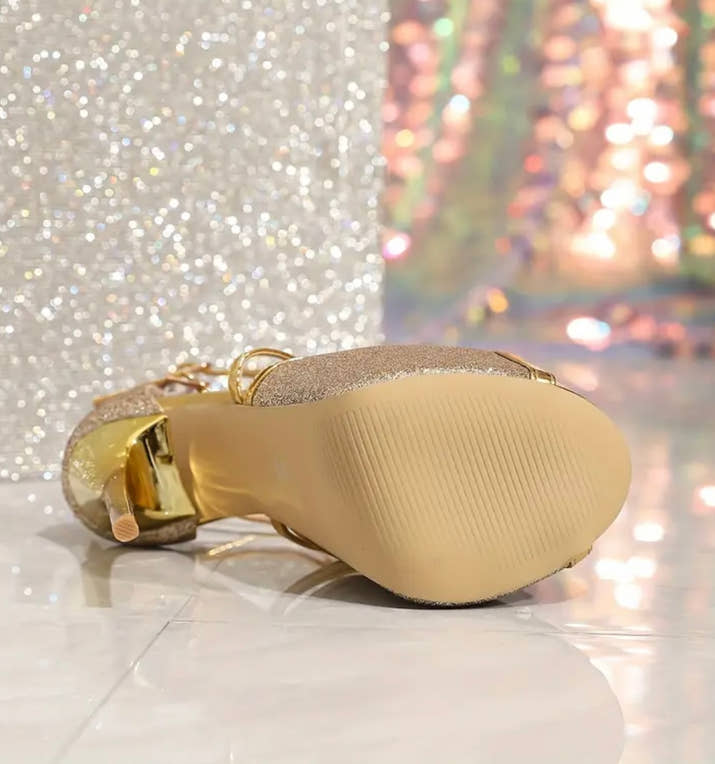 [Golden High Heel] 16cm Stiletto High Heel Sandals | Elegant Golden, Sparkling Ankle Strap, Open Toe Design, Synthetic Perfect for Weddings and Formal Events