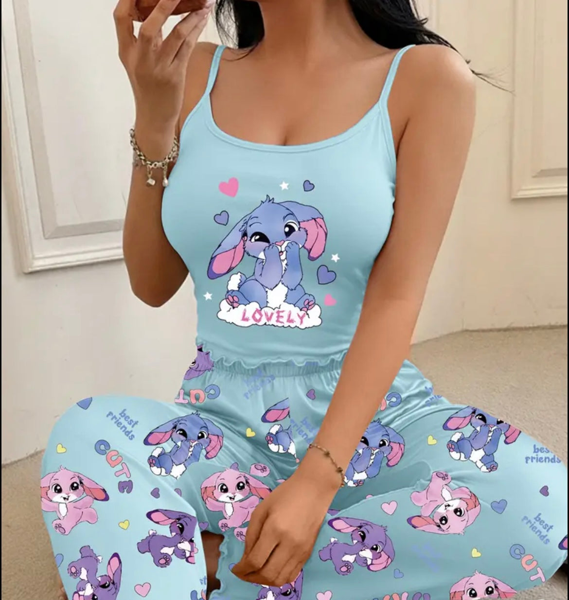 Women'S Cute Rabbit Heart Letter 'LOVELY' Printed Camisole with Long Pants Pajama