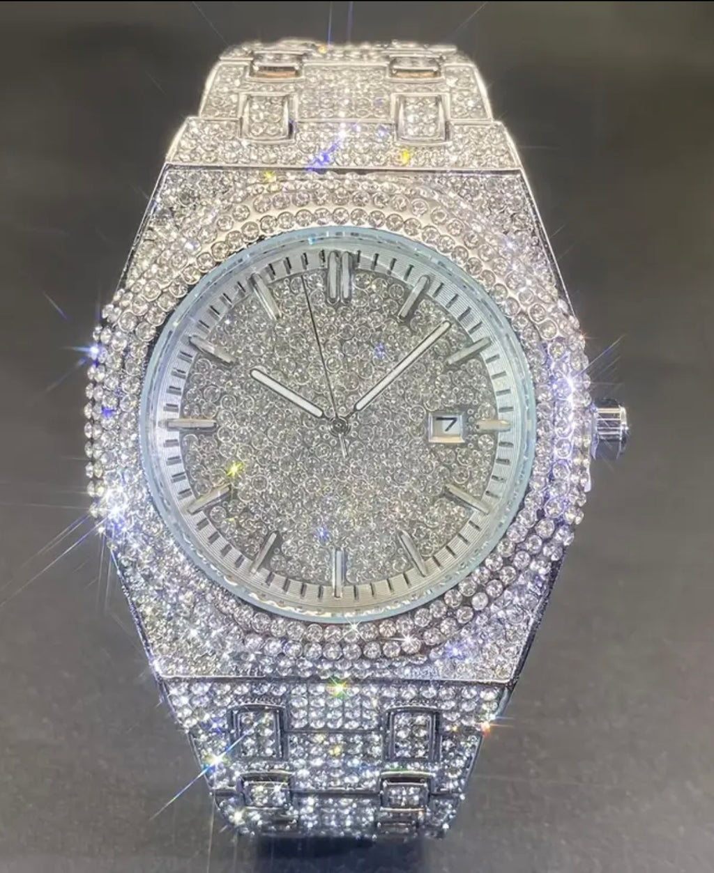 Glam Quartz Watch for Men & Women - Hip Hop Cuban Link Design, Luminous Blue Dial with Rhinestone Accents, Alloy Band, Sparkling Bezel & Face, Perfect for Parties & Special Occasions