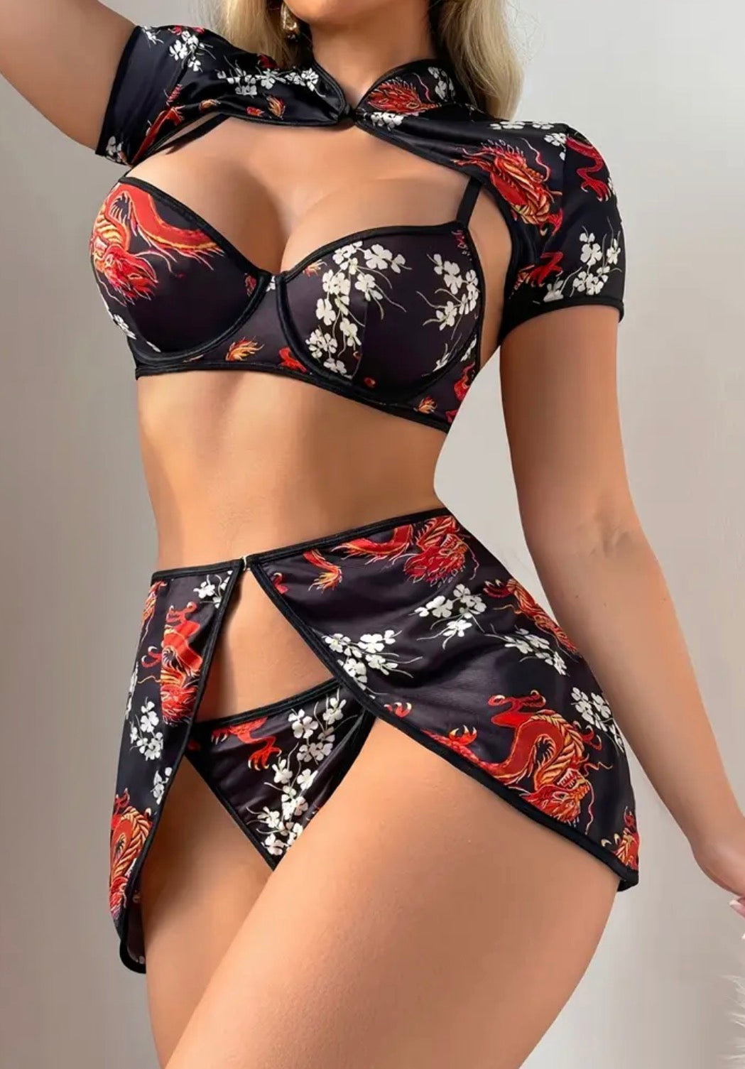 Dragon Hidden Sakura Embroidered Flag Coat Set In Black And Red with Stitches, Sexy Open-Slick, Party Eye-Catching Battle Dress, Body-Friendly Hot Outfit, Multi-Purpose Wearable Transformation Magic Item
