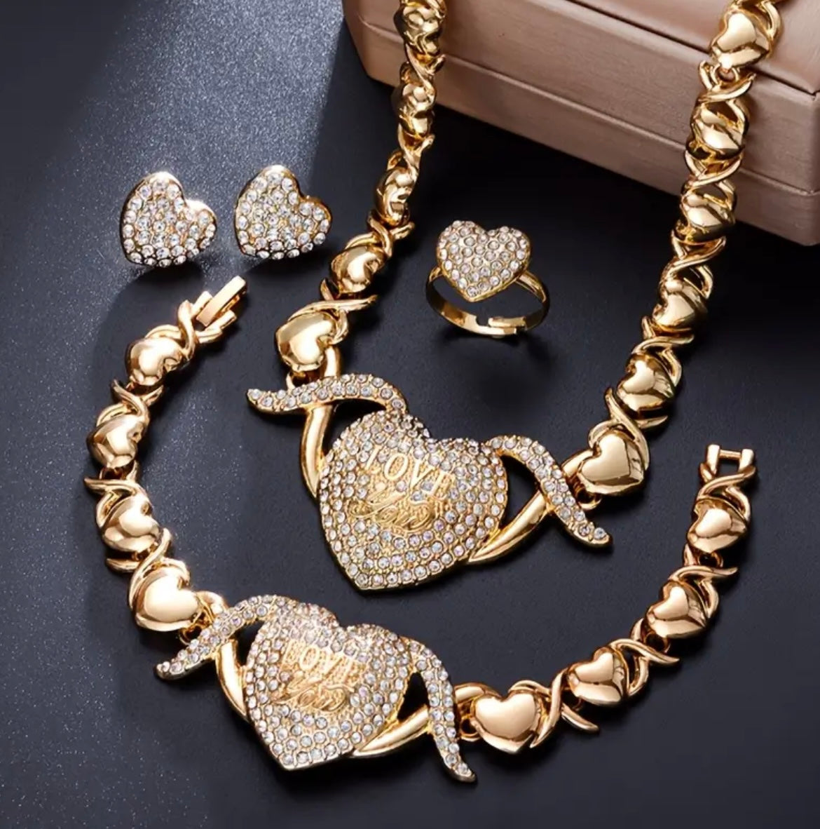 Luxury 18K Golden Plated Heart Jewelry Set for Women - Elegant Carved Love You Necklace, Bracelet, Earrings & Ring with Rhinestone-Accented Hearts, Wedding & Valentine'S Day Fashion Jewelry Collection
