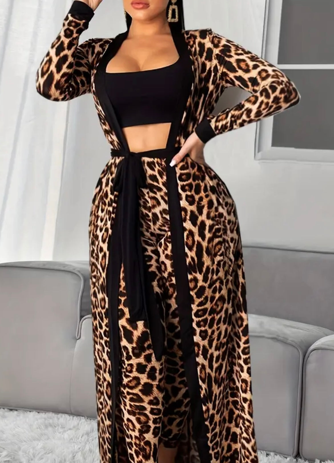 Leopard Print Lounge Set, Long Sleeve Robe With Belt & Strapless Crop Top & Pants, Women's Loungewear & Sleepwear