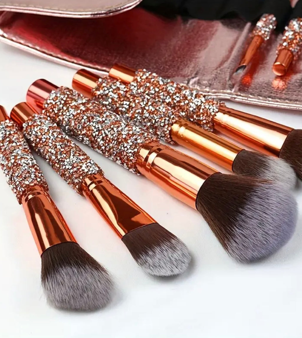 14pcs Set (10 Makeup Brushes + 1 Brush Bag + 3 Powder Puffs) High-End Golden Diamond-Studded Handmade Makeup Brushes / for Beginners / for Various Makeup / for Halloween / Suitable for Christmas / Mother'S Day / Labor Day / Thanksgiving Gifts