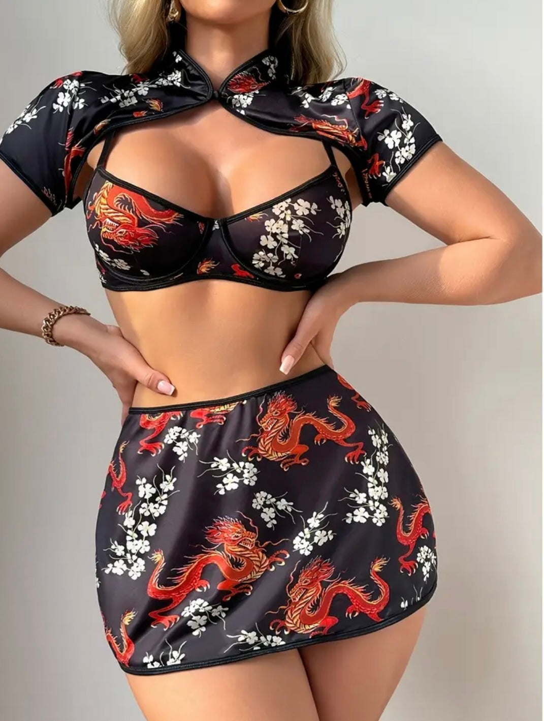 Dragon Hidden Sakura Embroidered Flag Coat Set In Black And Red with Stitches, Sexy Open-Slick, Party Eye-Catching Battle Dress, Body-Friendly Hot Outfit, Multi-Purpose Wearable Transformation Magic Item