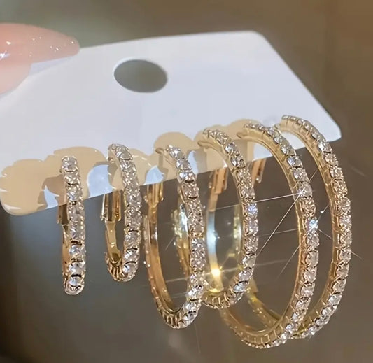 6pcs Elegant Rhinestone Hoop Earrings Set - Zinc Alloy & Stainless Steel, Sparkling Crystal Design, Versatile for Daily & Vacation Wear, Everyday Jewelry | Sparkling Earrings | Durable Earrings, Hoop Earrings