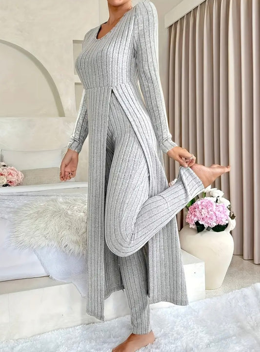 [Plaid Two-Piece] Two-Piece Set Round Neck Split Long Sleeve Top and Pants | Design Sensation with Plaid Spring/Autumn Style
