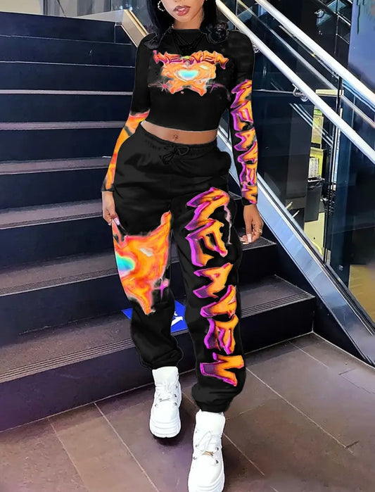 [Vibrant Set] Vibrant Y2K-Inspired Women's Set - Long Sleeve Crop Top & Drawstring Joggers | Polyester/Spandex Blend, Perfect for Daily & Outdoor Fashion