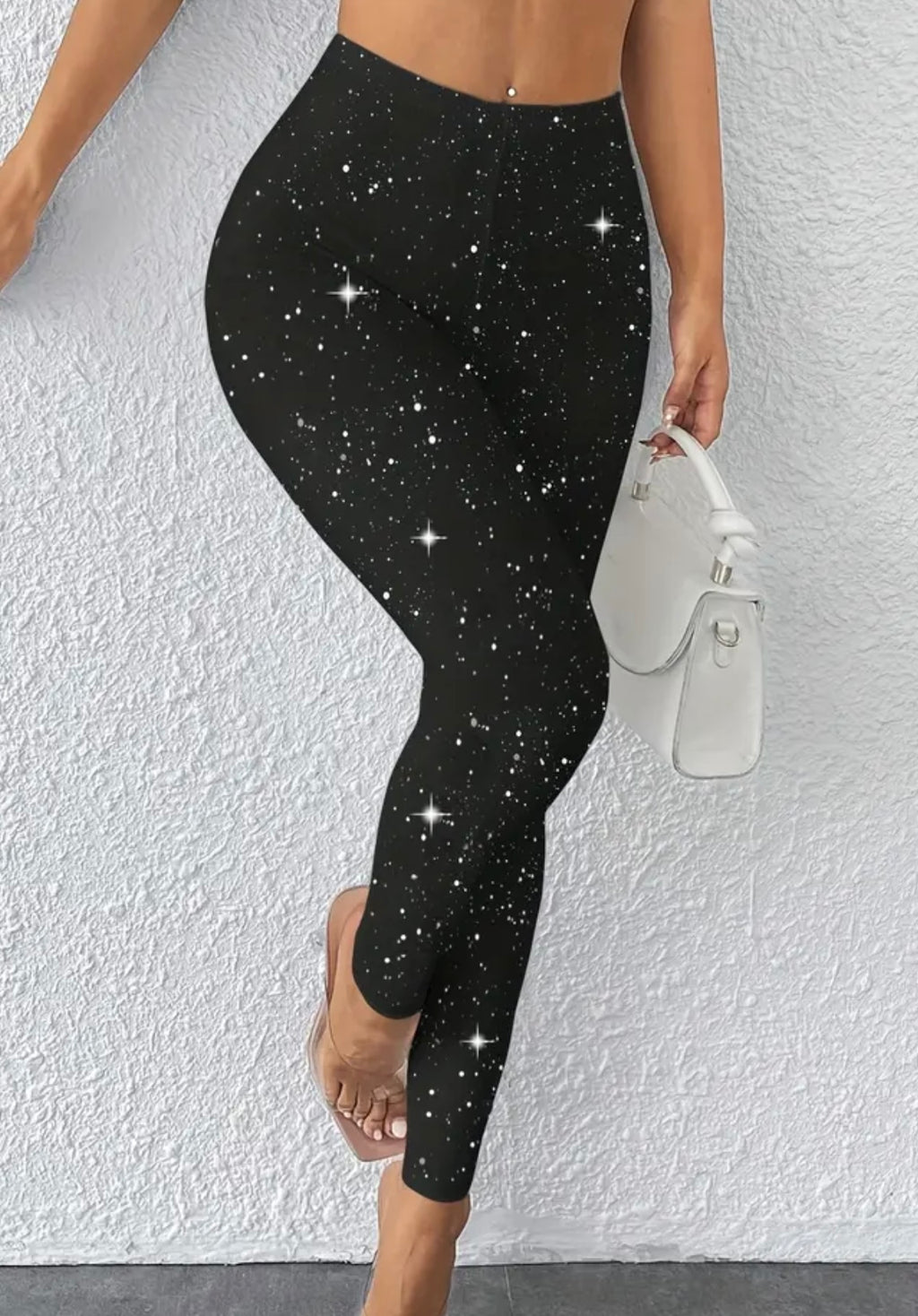Women'S High-Waisted Rhinestone-Embellished Leggings - Sparkling Star Pattern Tummy Control Pants with Golden Accent Hips, All-Season Stretchy Black Leggings for Dance, Gym, Wedding & Party Wear (Machine Washable) - Shiny Rhinestone Design