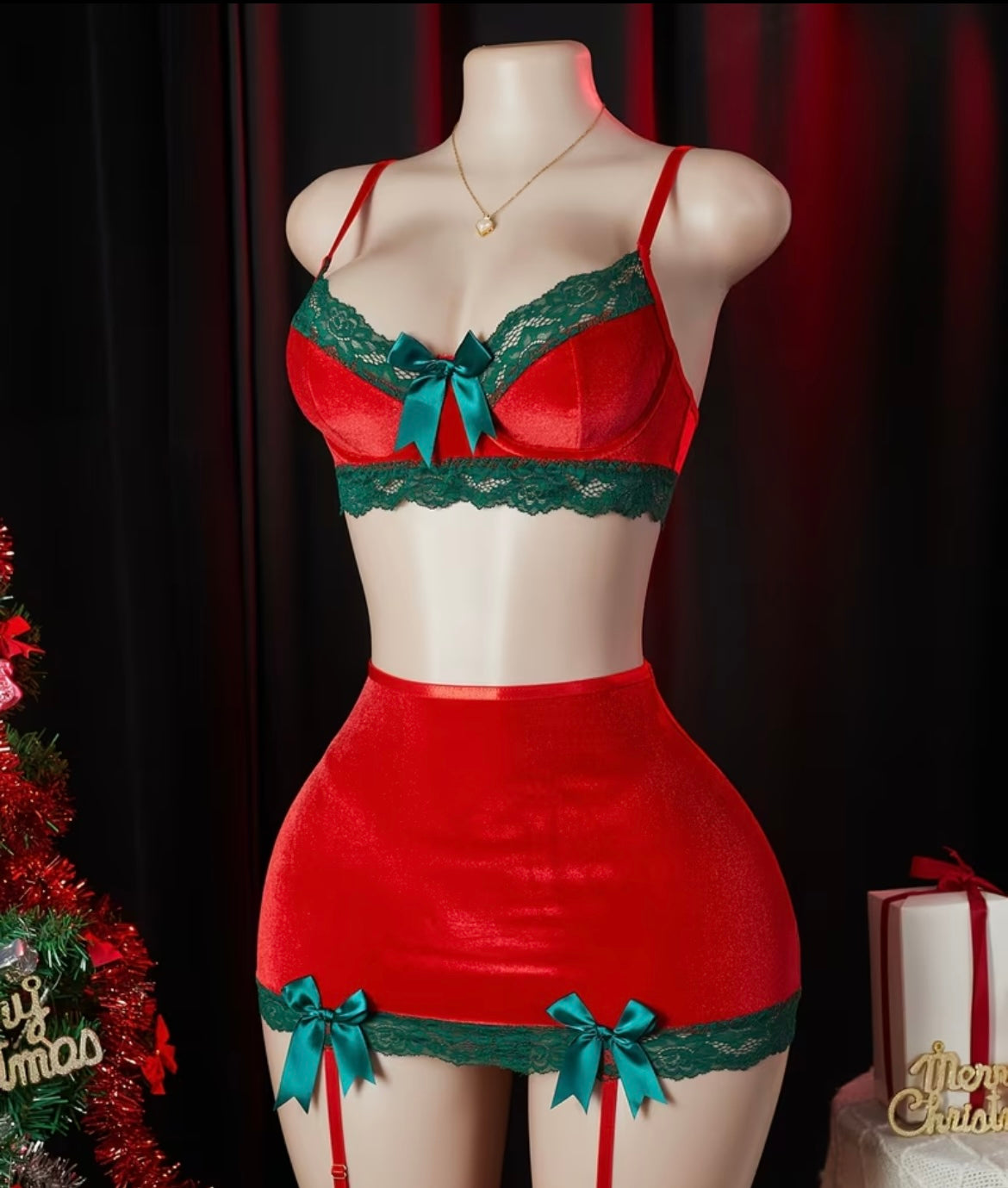 Ladies' Sexy Christmas Outfit Set of Four - Red & Green Lingerie with Lace Trim, High-Waisted Skirt & Stockings, Perfect for Holiday Parties, Christmas Lingerie, Festive Lingerie, Lace Trim Lingerie