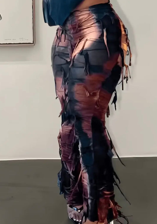 [High-Waisted Tie-Dye Pants] Ultra-Long High-Waisted Stretchy Semi-Sheer Tie-Dye Tassel Flared Pants | Women's Winter Pants with Elastic Waistband