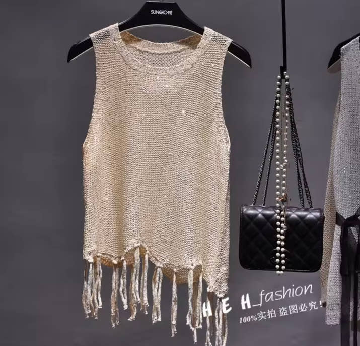 Sexy Shiny Gold Silver Knitted Tank Tops Women Bling Bling Sequined Tassels Knitted Vest Store