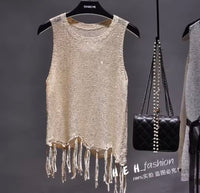 Sexy Shiny Gold Silver Knitted Tank Tops Women Bling Bling Sequined Tassels Knitted Vest Store