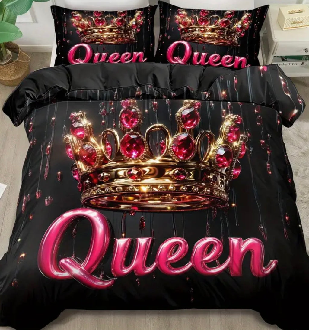 2/ 3pcs Quilt Cover Set, Queen's Crown Print Duvet Cover Set, King Queen Style Bedding Set, Polyester Machine Washable, Room, Birthday Gift (Includes 1 Duvet Cover + 1 or 2 Pillowcases, No Quilt Core)