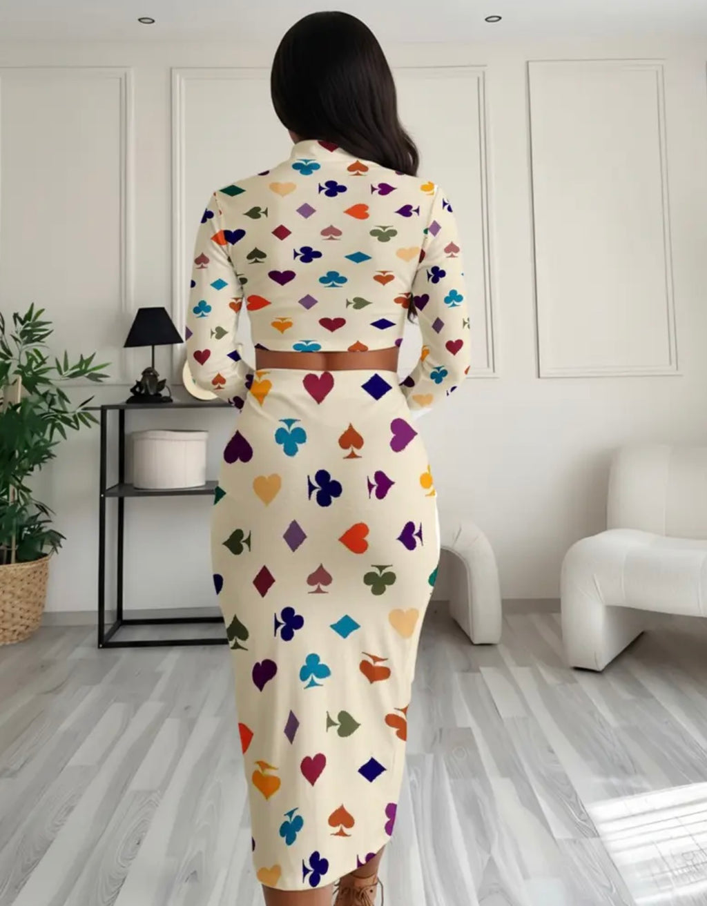 2D Flat Printing Ladies' Carnival Elegant Set, Long Sleeve Hip Wrapping Skirt Two Piece Set, Christmas Fashion Long Skirt Set, Colorful Spades, Red Hearts, Plum Blossoms, Red Hearts Pattern, Suitable for Women Carnival Celebrations