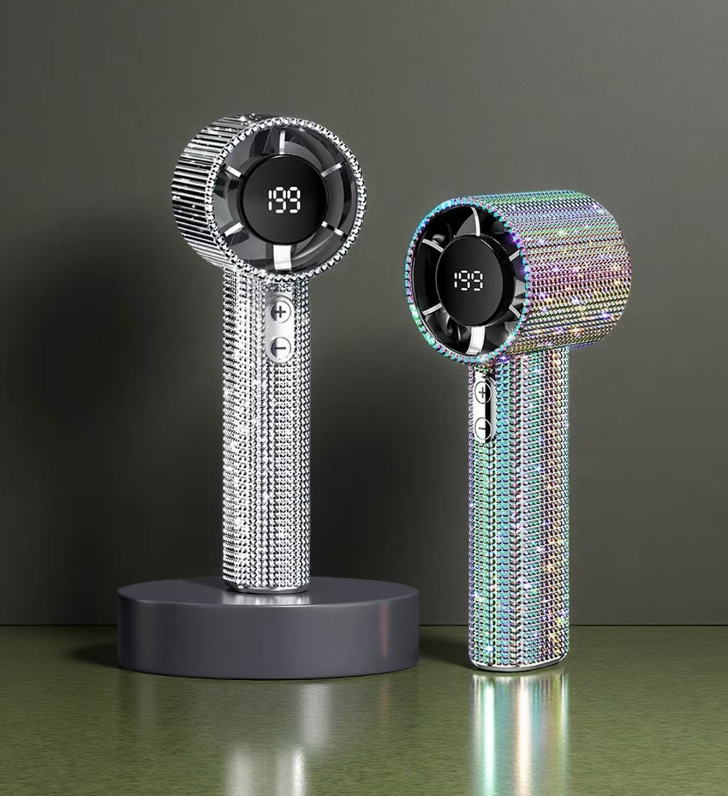Rhinestone Fan Luxury Bling Portable Handheld Turbo Fan 3 Gear Wind Rechargeable Long Battery Life Hand Fan With Digital Display For Outdoor
