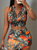 Spring/Summer New Women's Fashion Elegant Casual Printed Skirt Set - Zippered Top Vest Sexy - Pocket Design - Commuting Fashion - Suitable for Home, s, and Daily Wear - Casual Hip-Wrapping, H Outfit, Comfortable Fit