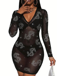 Sexy rhinestone dollar pattern mesh slim fit dress (no underwear set)