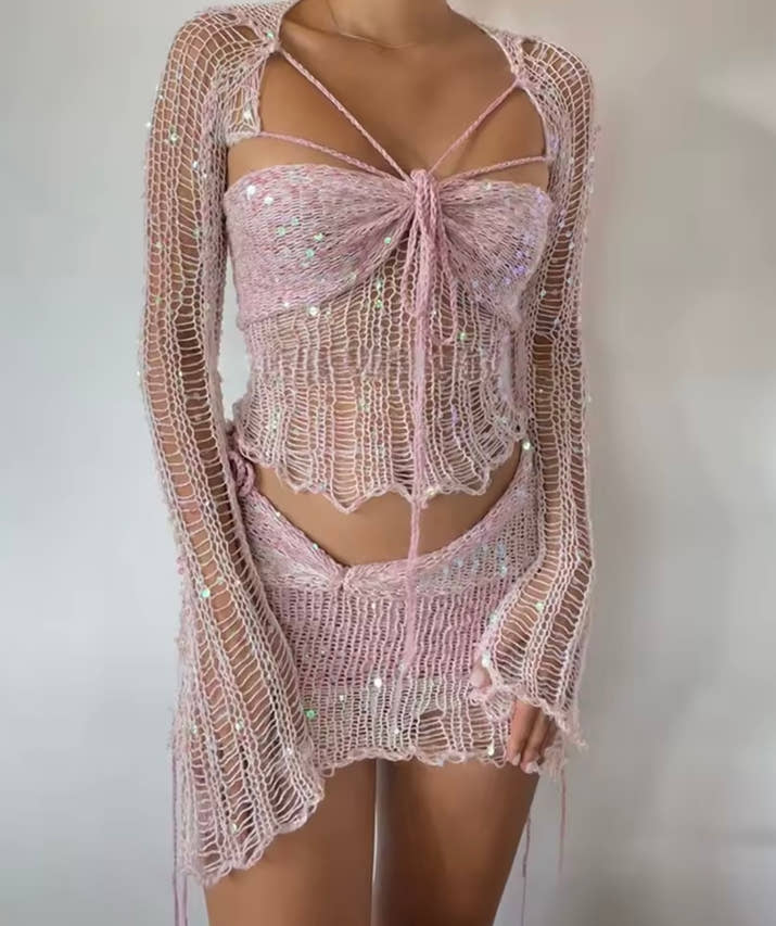 Crochet Knitted Dress 2 Piece Skirt Sets with Beaded Detailing and Flared Sleeves for Stylish Outfits