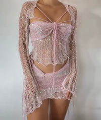 Crochet Knitted Dress 2 Piece Skirt Sets with Beaded Detailing and Flared Sleeves for Stylish Outfits