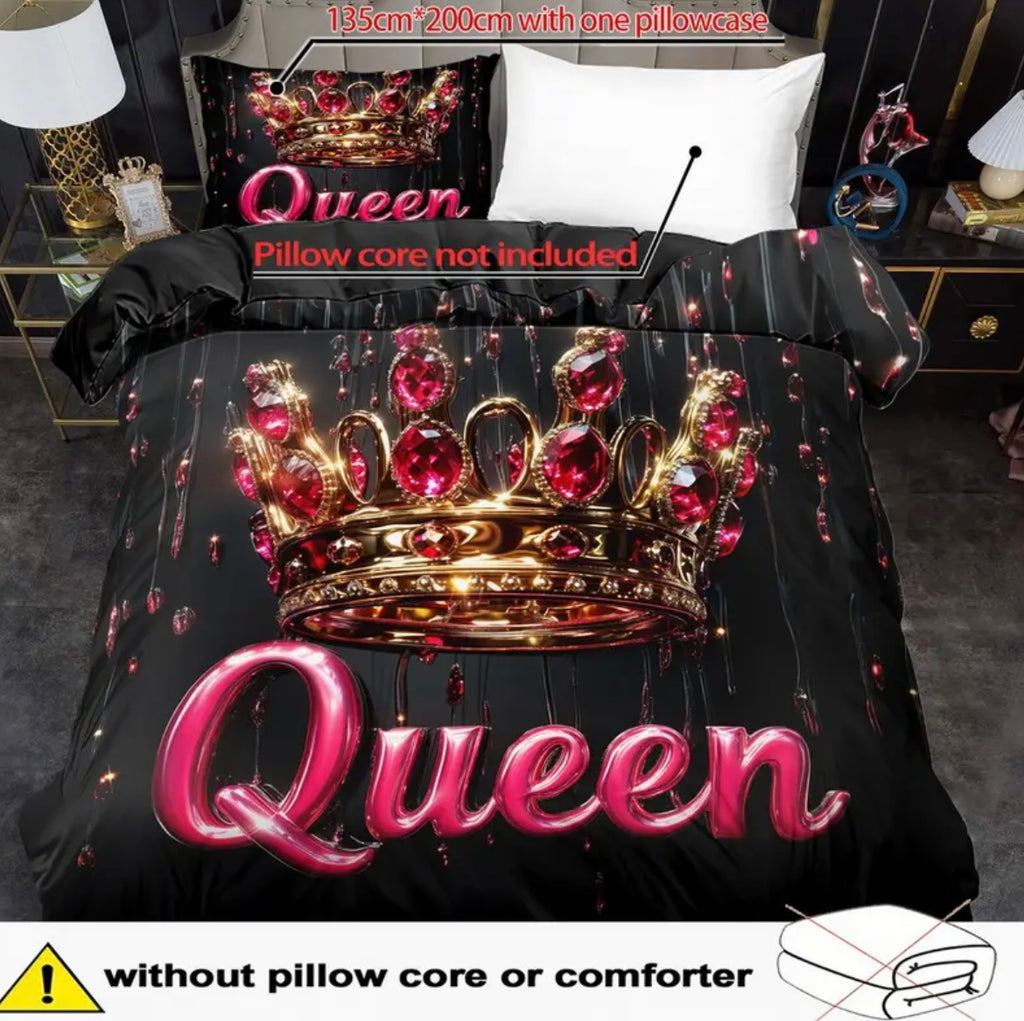 2/ 3pcs Quilt Cover Set, Queen's Crown Print Duvet Cover Set, King Queen Style Bedding Set, Polyester Machine Washable, Room, Birthday Gift (Includes 1 Duvet Cover + 1 or 2 Pillowcases, No Quilt Core)